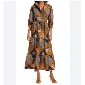 The Oula Company Dress Womens One Size Navy Gold Patchwork Maxi Shirt Dress